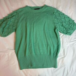Green Teal Knit Short Sleeve Sweater with puffy sleeves and Pom poms preppy